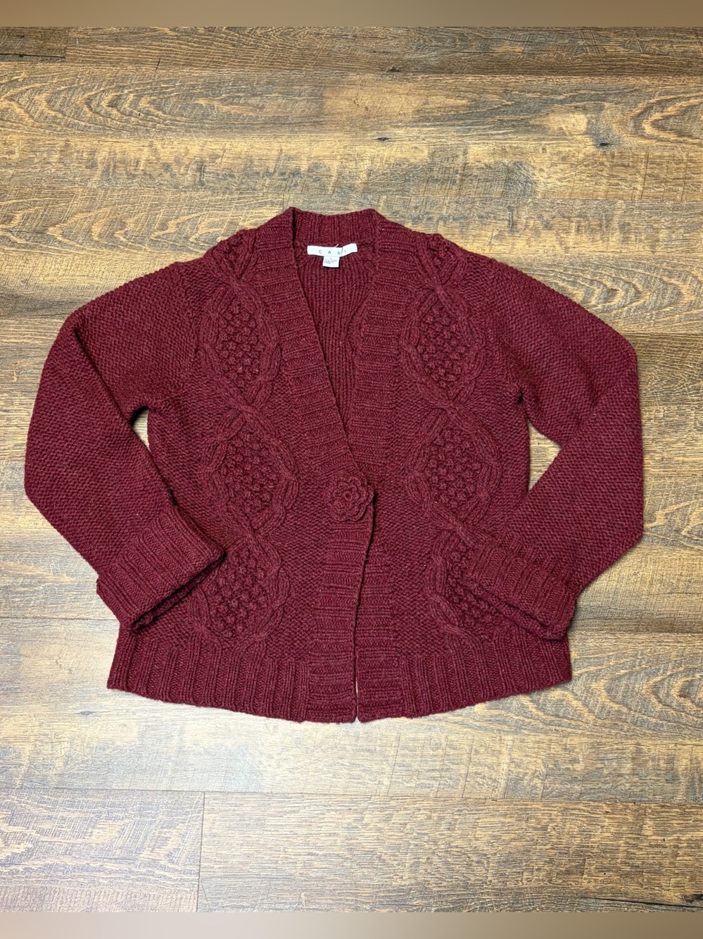 Cabi Burgundy Cable-Knit Wool Blend Cardigan Sweater Womens Large